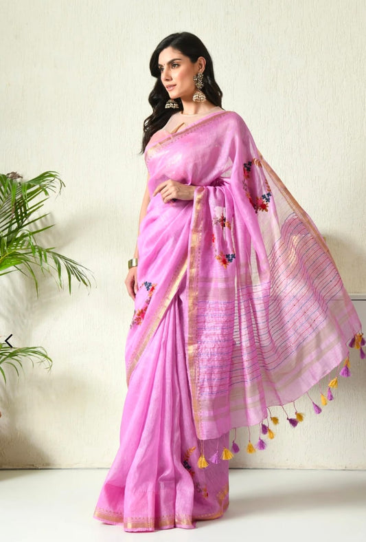 Hand Embroidery Pure Linen Silk Saree With Gold Zari Border - Candy Pink