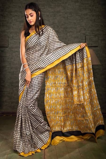 Pure Tussar Silk Saree in Ivory Checks with Mustard Yellow|Silk Mark Certified