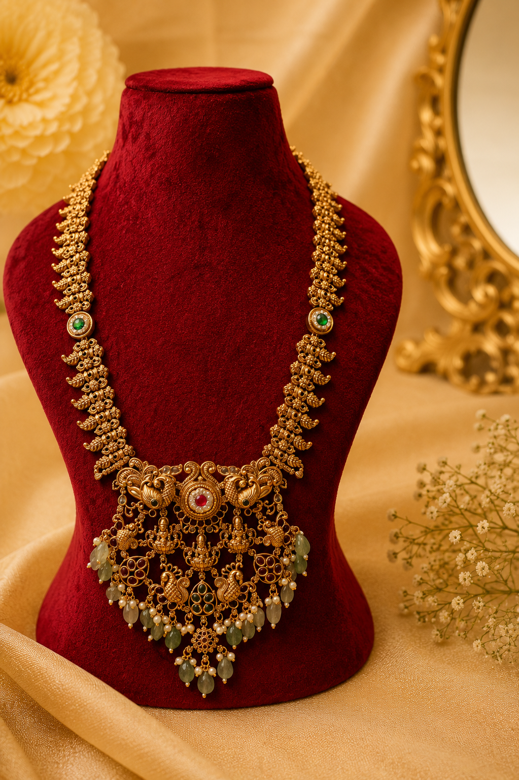Antique Gold-Plated Temple Long Necklace Set with Mint Green Stones
