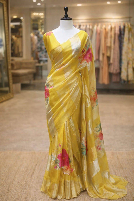 Pure Tissue Organza Silk Saree with Digital Floral Print-Sunshine Yellow