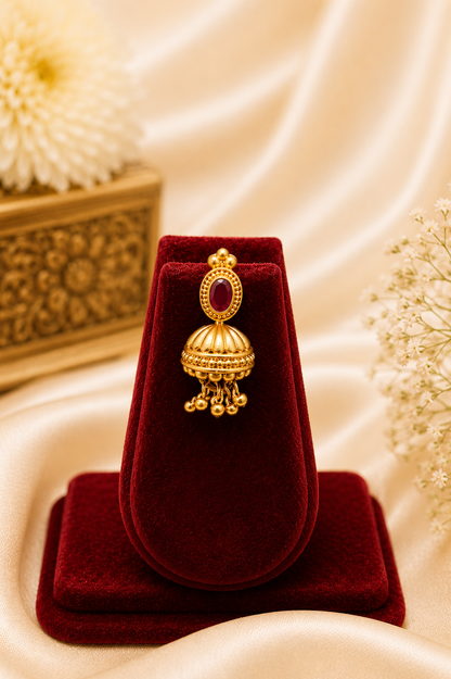 Antique Gold-Plated Choker Necklace Set with Ruby Stone Detailing & Gold Bead Hangings