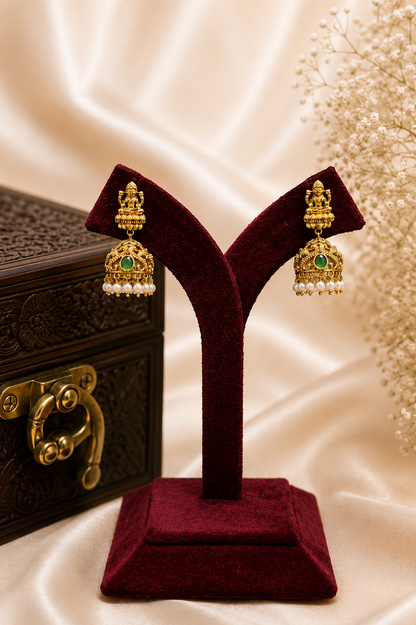 Antique Gold-Plated Temple Layered Haaram Set with Emerald Detailing