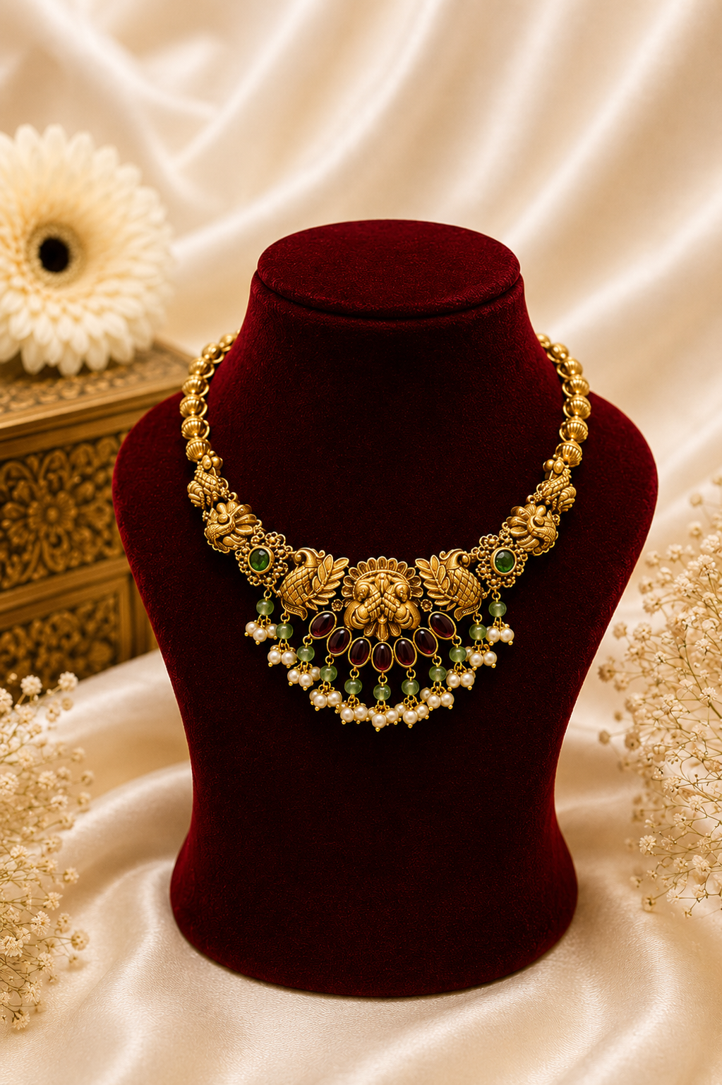 Antique Gold-Plated Lakshmi Choker Set with Mint Green & Pearl Beads