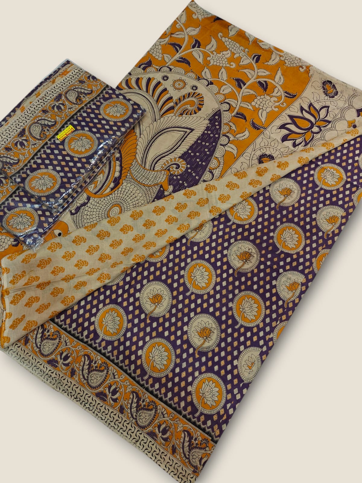 Pure Cotton Saree with Digital Kalamkari Prints – Purple & Mustard Gold
