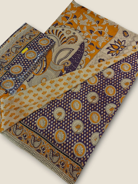 Pure Cotton Saree with Digital Kalamkari Prints – Purple & Mustard Gold