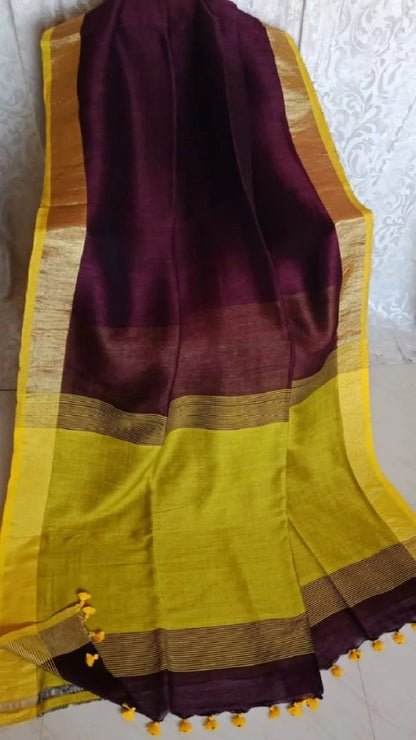 Pure Linen Saree with Tassles - Maroon & Mustard Yellow