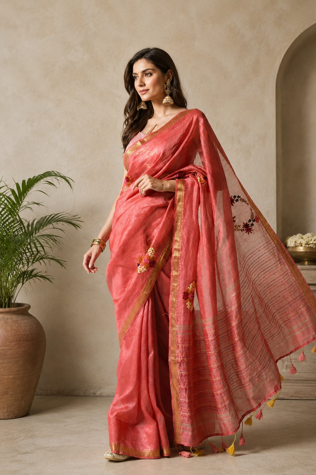 Hand Embroidery Pure Linen Silk Saree With Gold Zari Border - Red