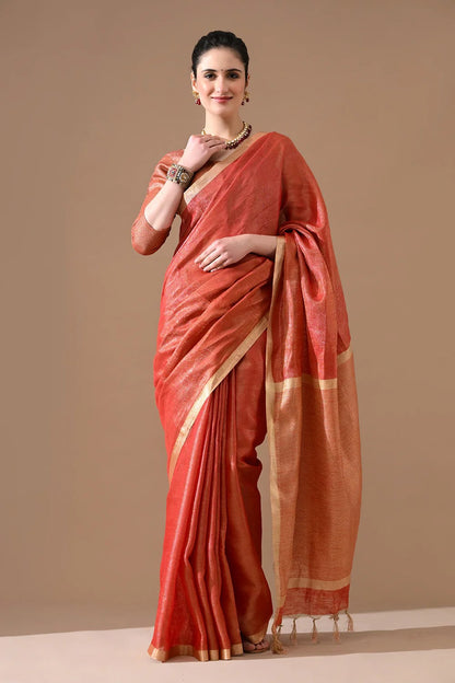 Tissue Linen Silk Saree – Rust Orange with Subtle Gold Zari Border