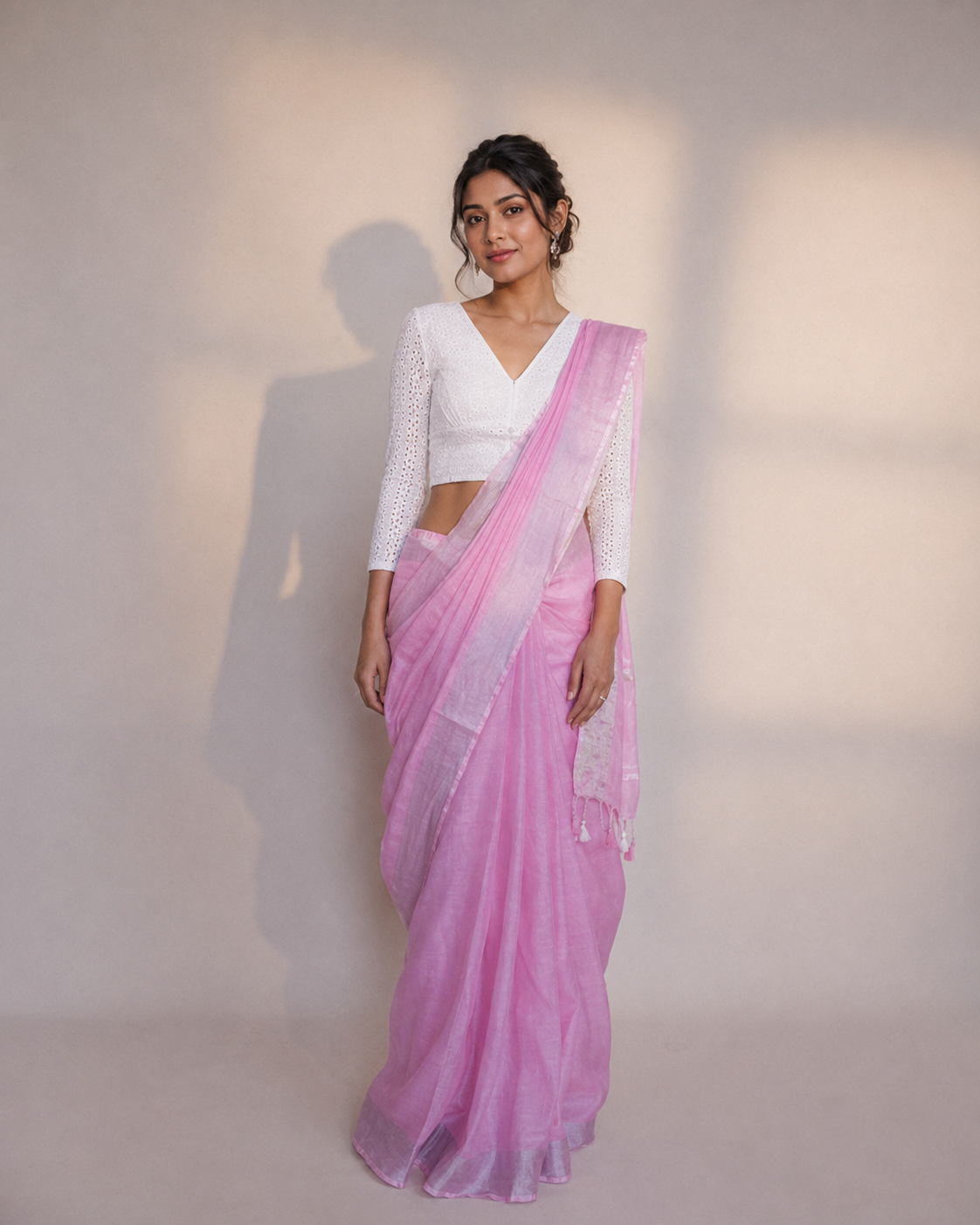 Pure Linen Saree with Tassles - Baby Pink