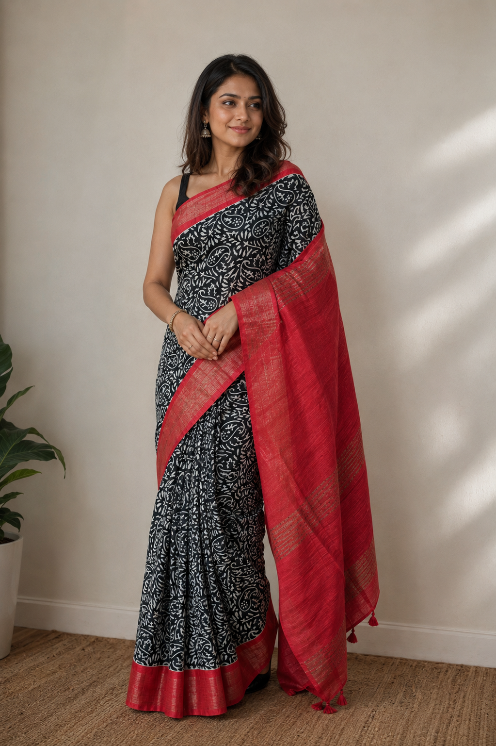 Pure Giccha Silk Saree – Monochrome Paisley Floral Weave with Ruby Red Border