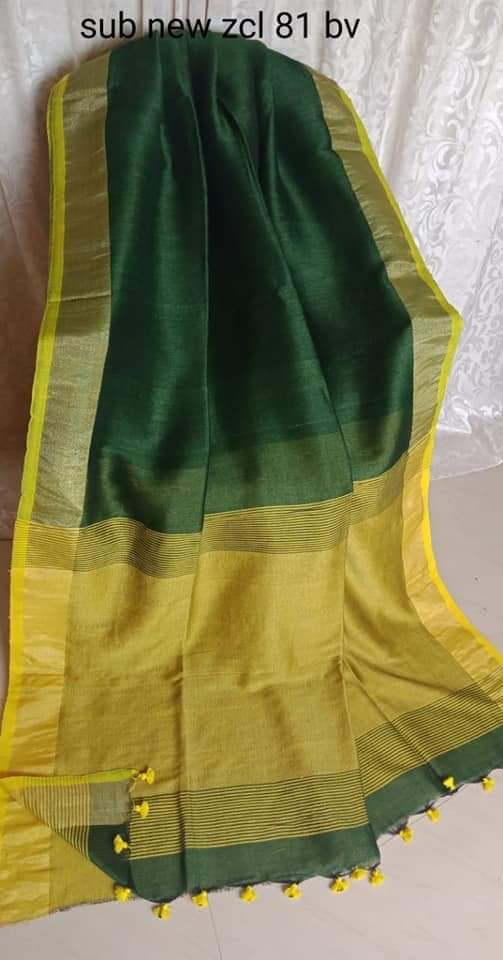 Pure Linen Saree with Tassles- Bottle Green & Rich Mustard Yellow