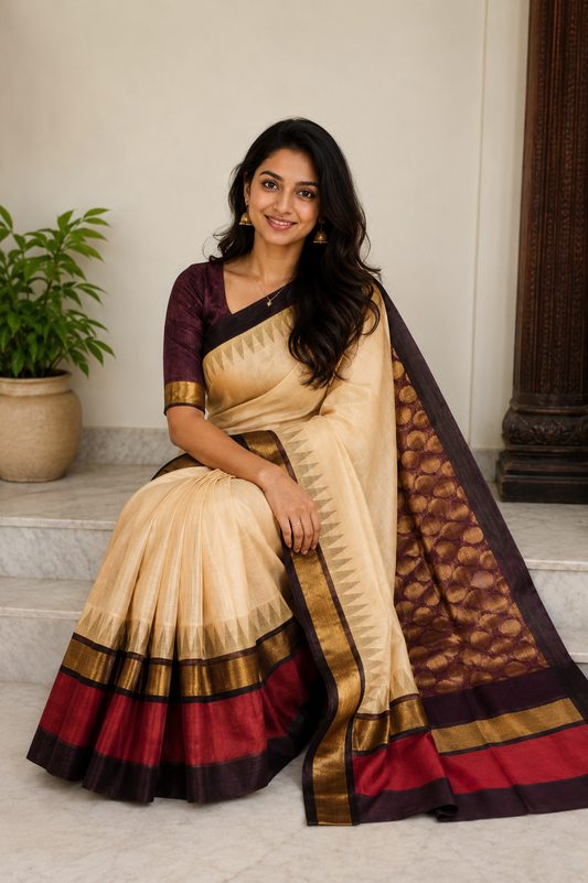 Pure Kuppadam Korvai Silk Cotton Pattu Saree-Soft Beige & Coffee