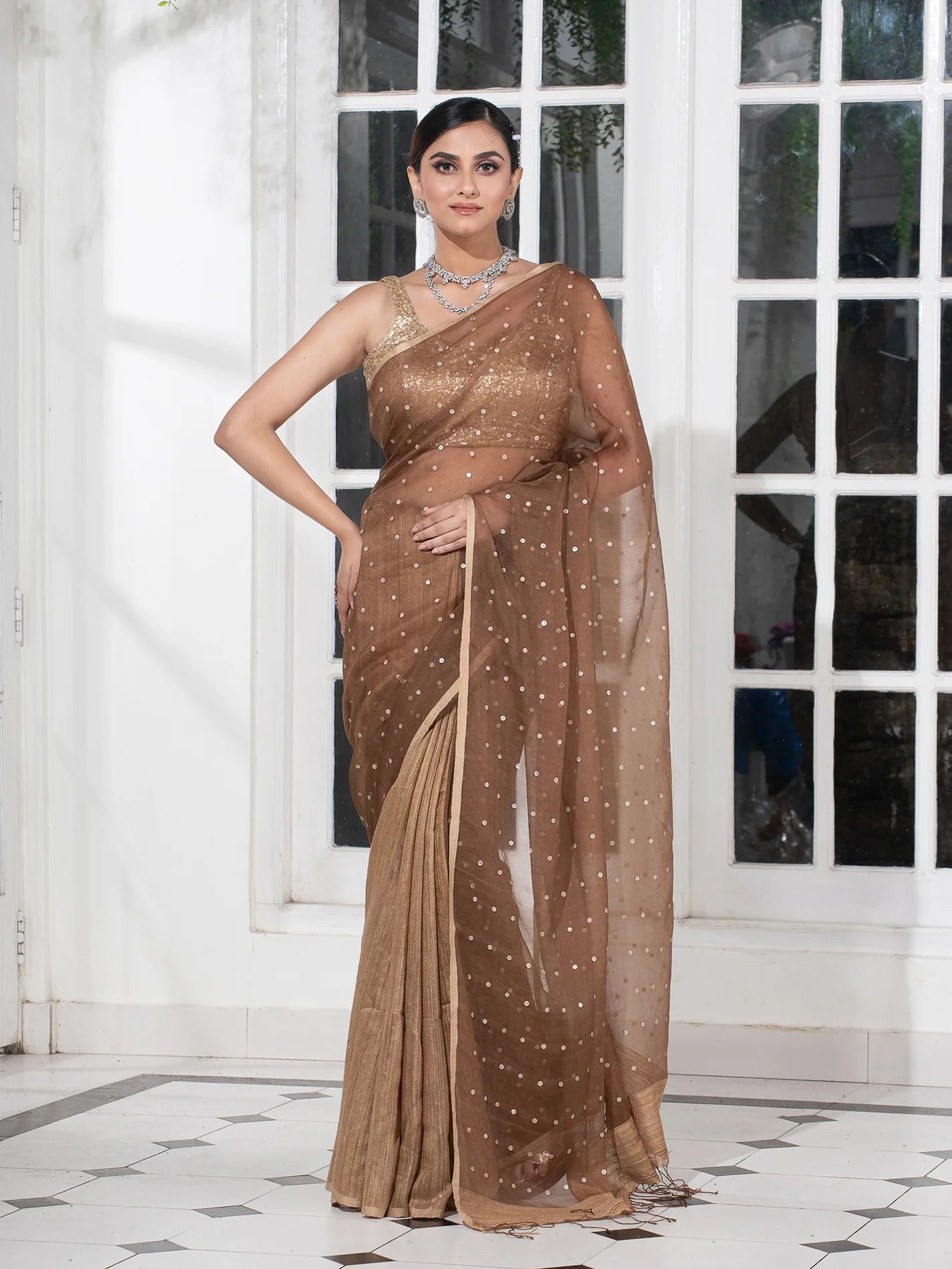 Warm Sand Beige Pure Muslin Pure Silk Saree|Silk Mark Certified