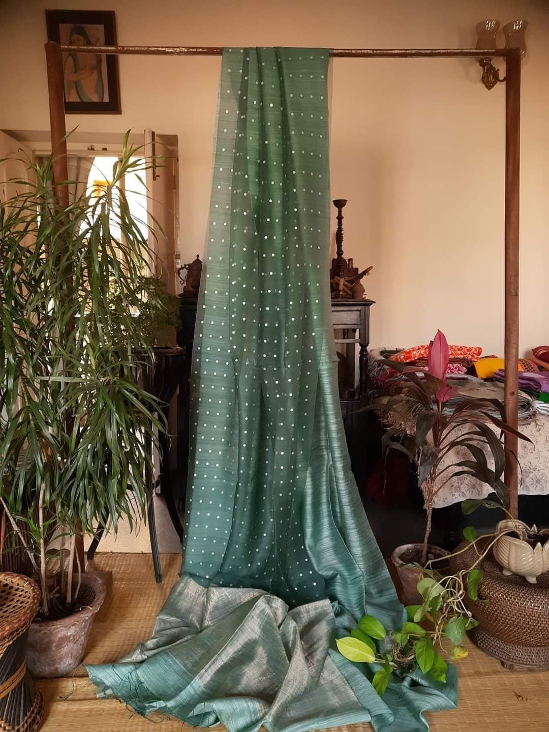 Muted Sea Green Pure Muslin Matka Silk Saree|Silk Mark Certified