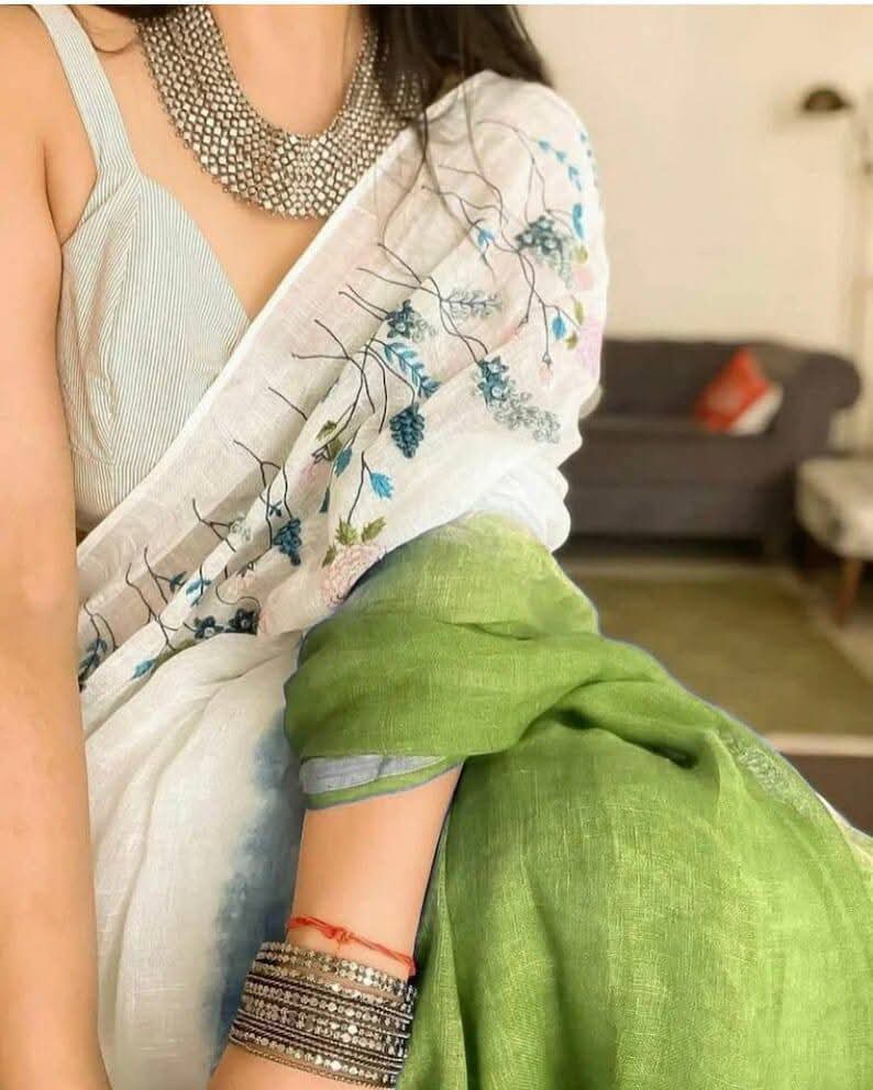 Hand Embroidery Pure Linen Saree With Tissue Border - Sage Green and White Ombre