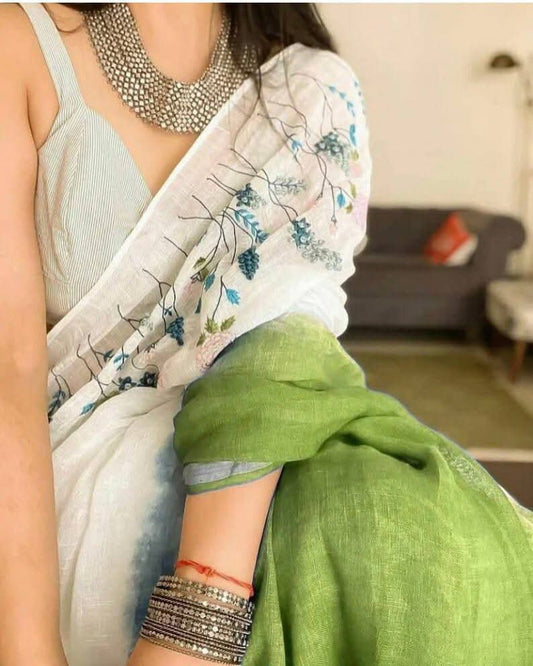 Hand Embroidery Pure Linen Saree With Tissue Border - Sage Green and White Ombre