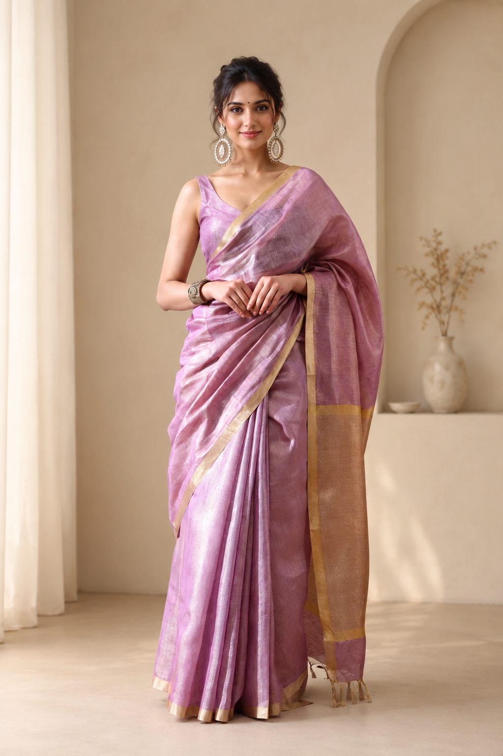 Soft Lilac Purple & Champagne Gold Tissue Linen Saree
