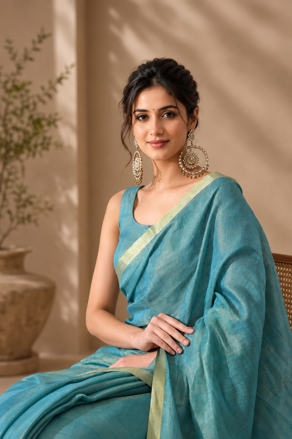 Aqua Blue & Soft Gold Tissue Linen Saree