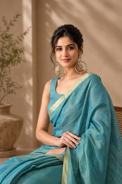 Aqua Blue & Soft Gold Tissue Linen Saree