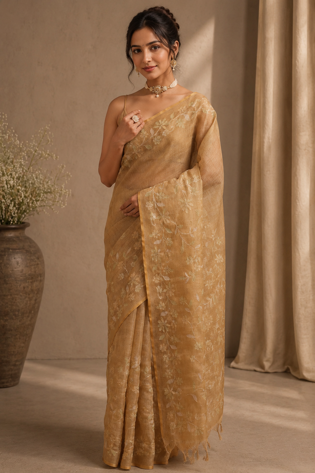 Embroidered Jute Linen Saree - Honey Beige