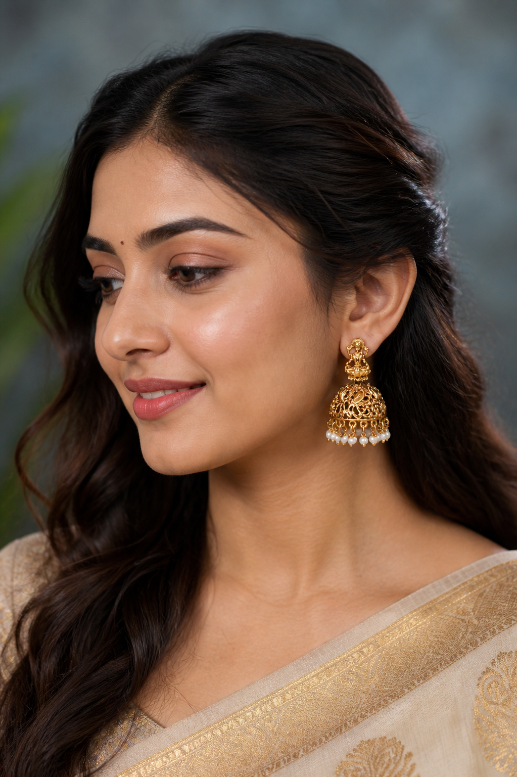 Temple Jhumka Earrings – Antique Gold Finish with Pearl Drops