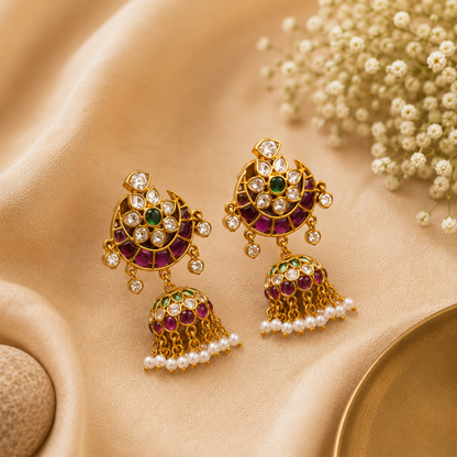 Antique Gold Plated Jhumka with Ruby Stud and Emerald Stone Detailing