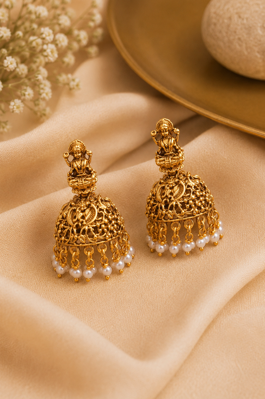 Temple Jhumka Earrings – Antique Gold Finish with Pearl Drops