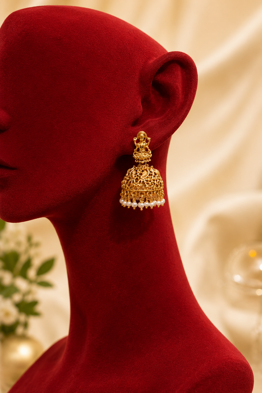 Temple Jhumka Earrings – Antique Gold Finish with Pearl Drops