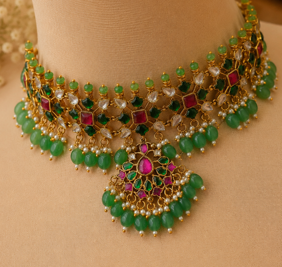 Statement Royal Emerald & Ruby Jadau Choker Set with Earrings