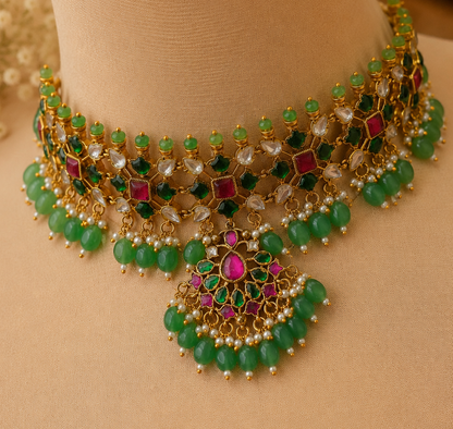 Statement Royal Emerald & Ruby Jadau Choker Set with Earrings