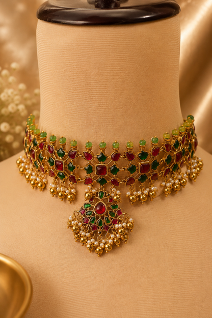 Statement Royal Emerald & Ruby Jadau Choker Set with Earrings