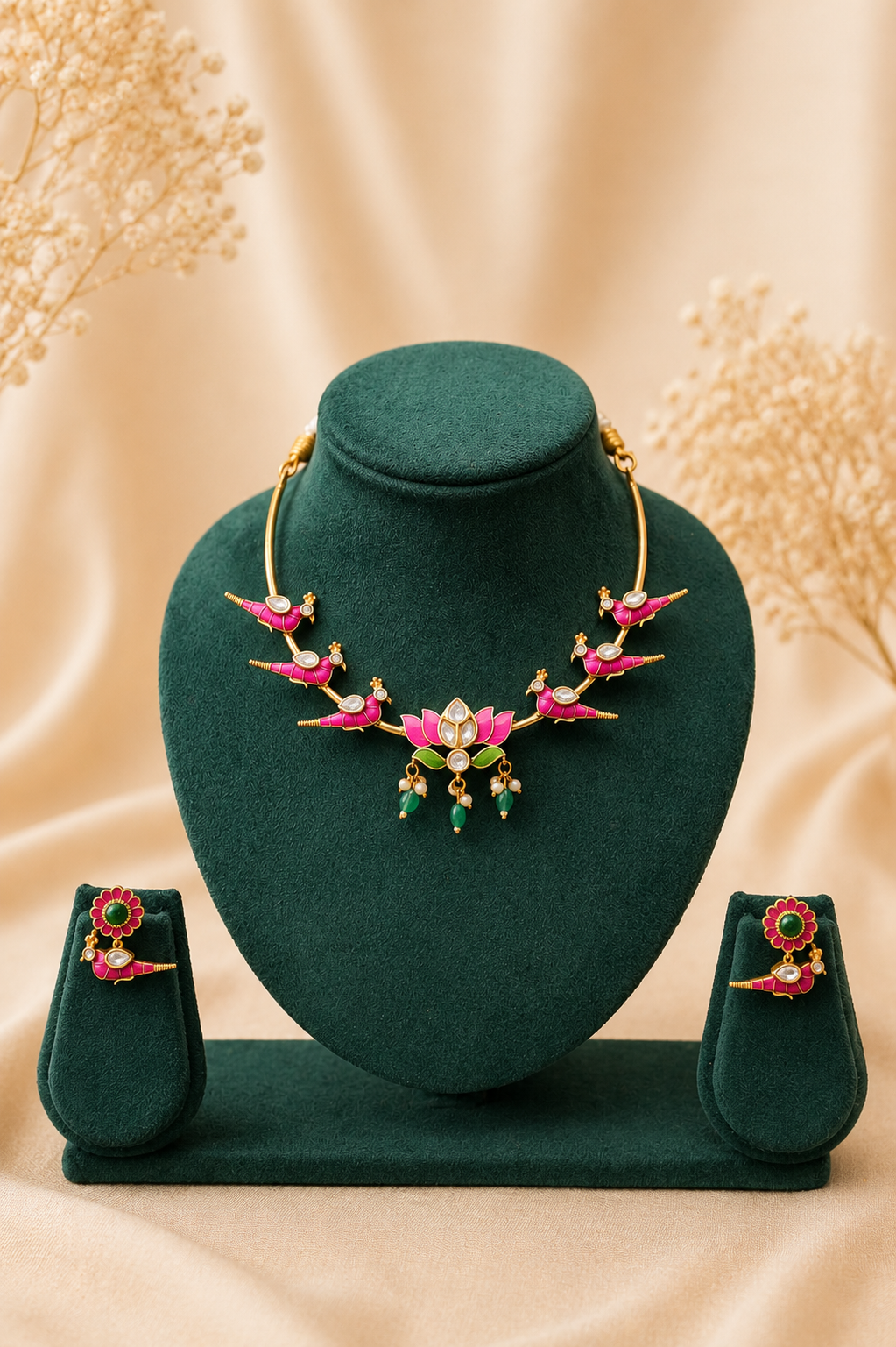 Antique Gold-Plated Choker Necklace Set with Pink Enamel Bird Motifs & Lotus Pendant