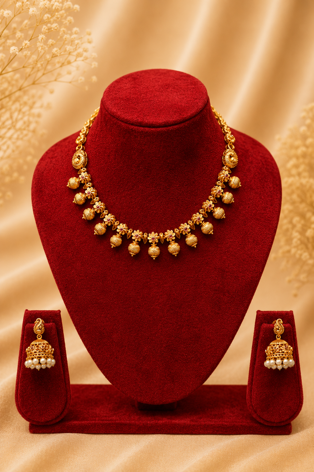 Antique Gold-Plated Necklace Set with Textured Drops & Pearl Jhumka Earrings