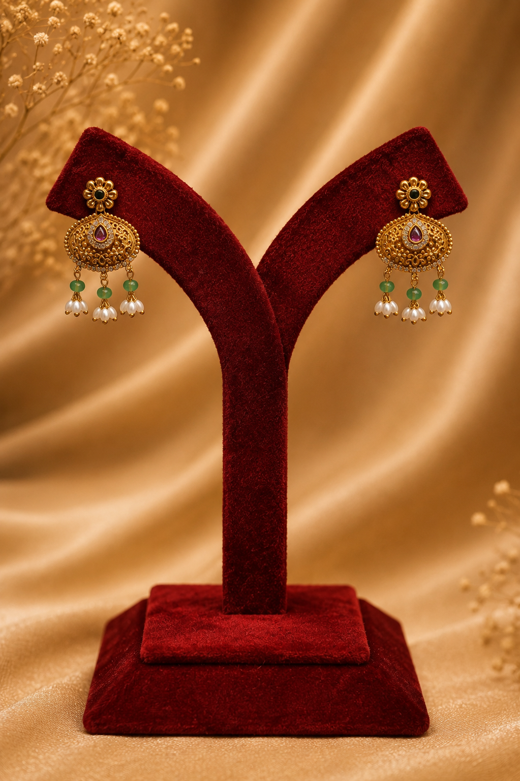 Antique Gold-Plated Chained Necklace Set with Temple Pendant & Green Bead Drops