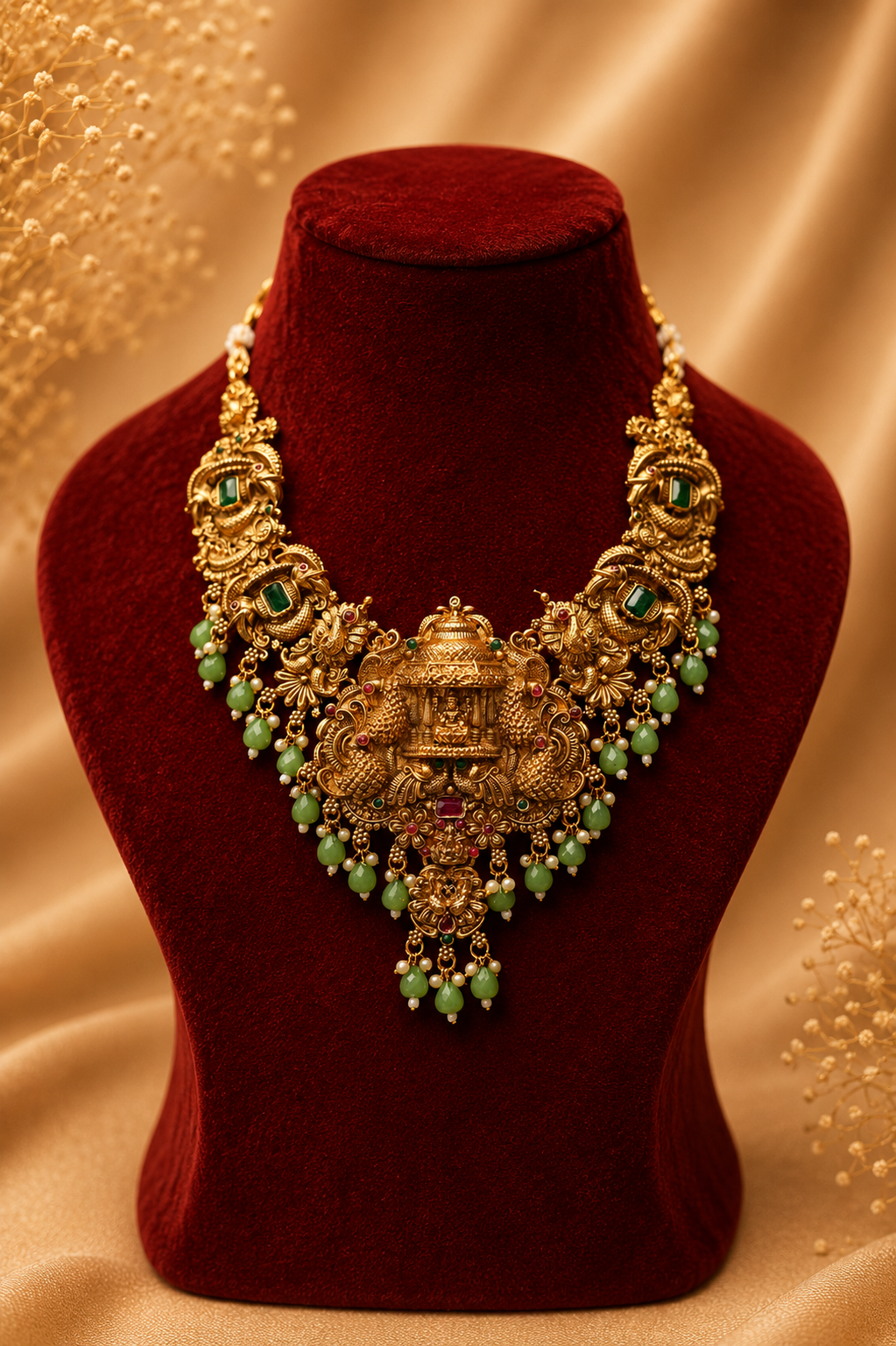 Antique Gold-Plated Nakshi Temple Choker Necklace Set with Lakshmi Pendant with Black Finish