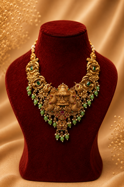 Antique Gold-Plated Nakshi Temple Choker Necklace Set with Lakshmi Pendant with Black Finish