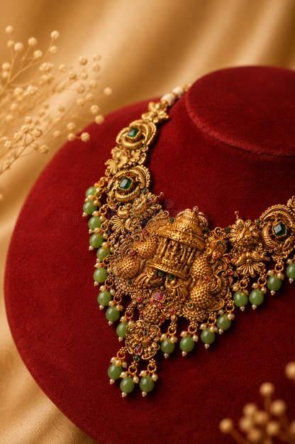 Antique Gold-Plated Nakshi Temple Choker Necklace Set with Lakshmi Pendant with Black Finish
