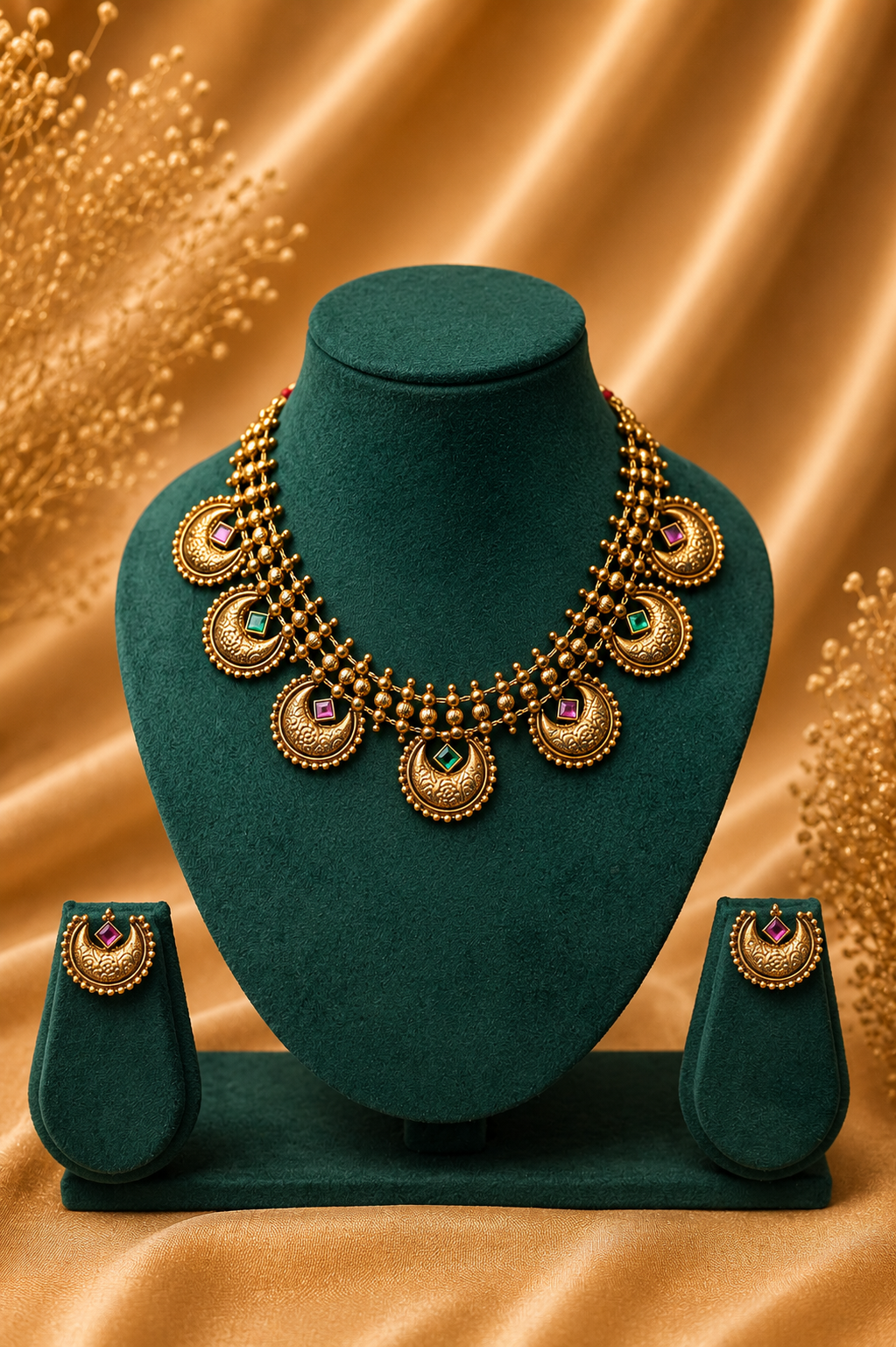 Antique Gold-Plated Crescent Moon Choker Necklace Set with Multi-Stone Detailing