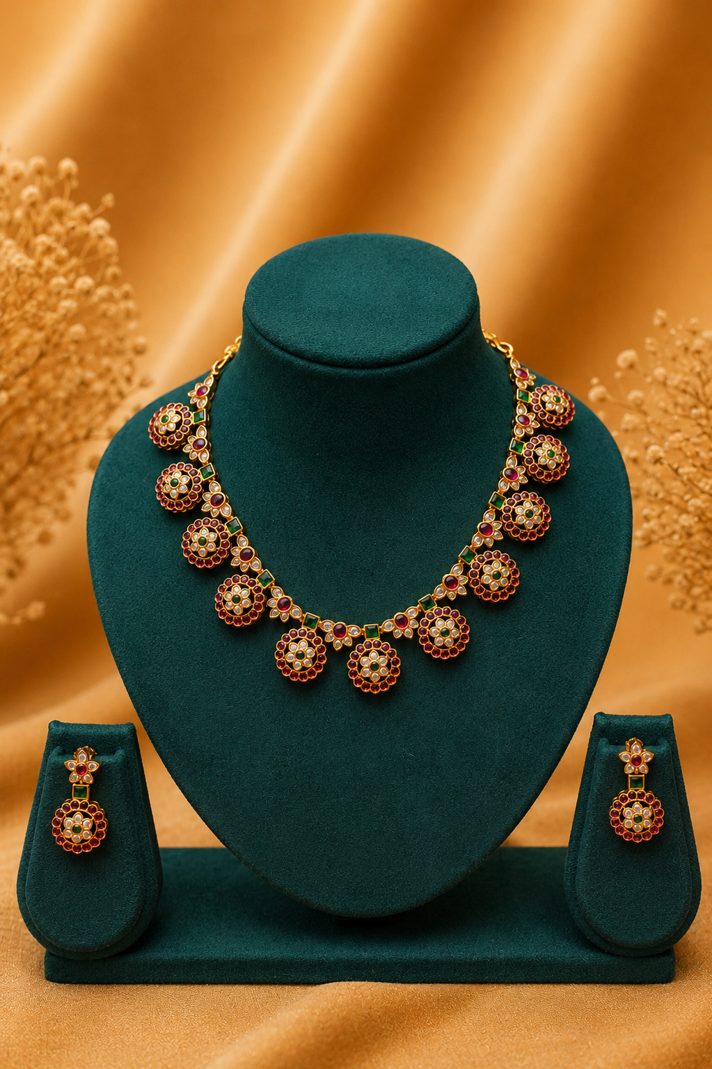 Statement Antique Temple Coin Motif Necklace Set with Ruby, Emerald & White Stone Detailing