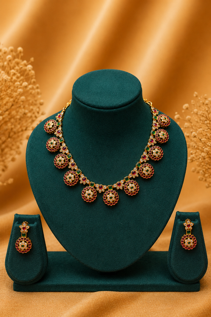 Statement Antique Temple Coin Motif Necklace Set with Ruby, Emerald & White Stone Detailing