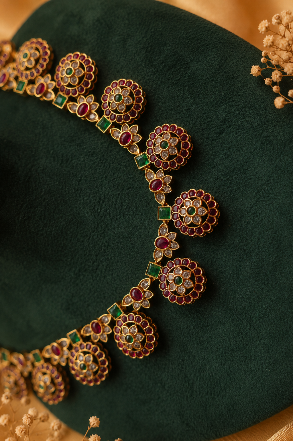 Statement Antique Temple Coin Motif Necklace Set with Ruby, Emerald & White Stone Detailing