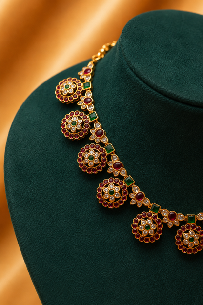 Statement Antique Temple Coin Motif Necklace Set with Ruby, Emerald & White Stone Detailing