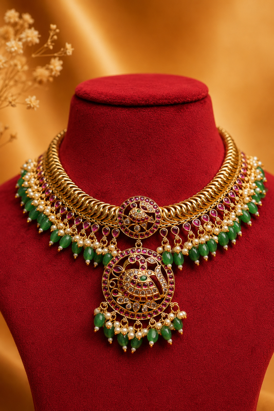 Statement Antique Gold Plated Peacock Pendant Necklace Set with Ruby, CZ & Green Bead Detailing