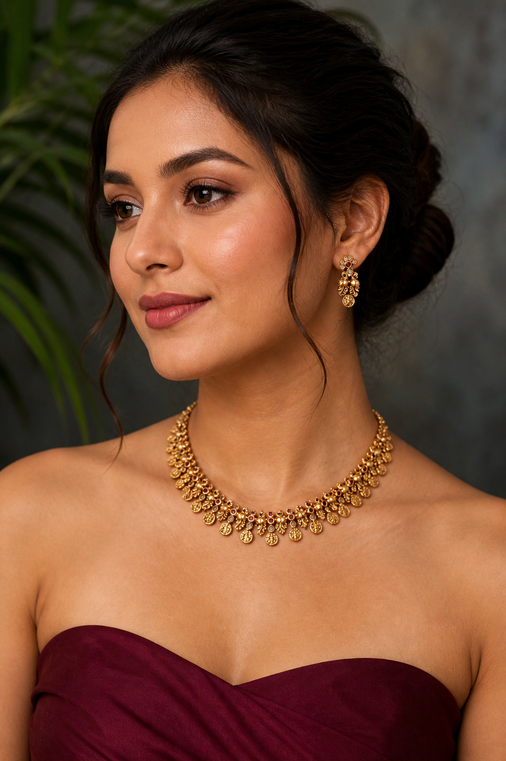 Classic Elegant Antique Gold-Plated Temple Necklace Set with Coin Motifs