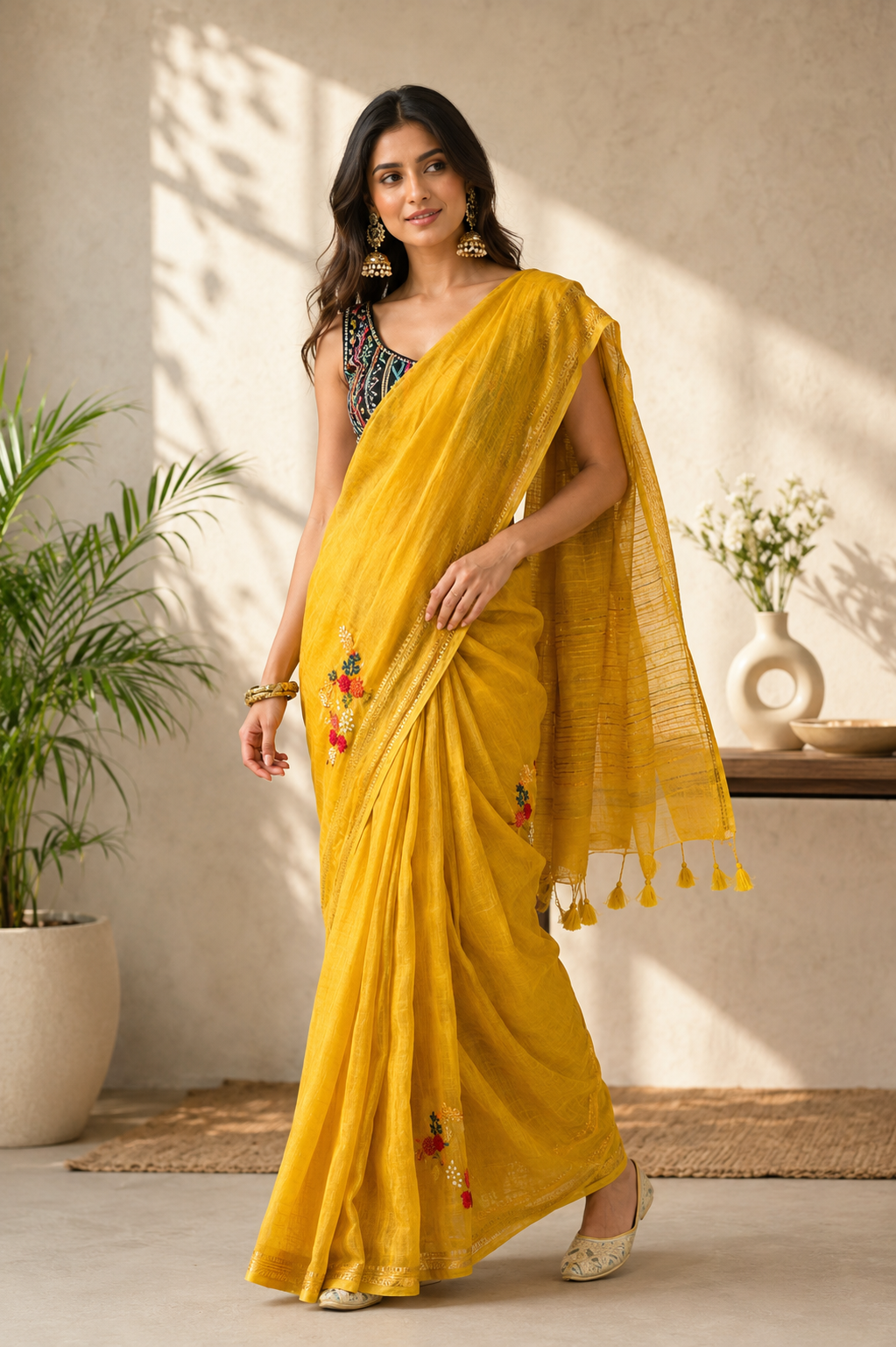 Hand Embroidery Pure Linen Silk Saree With Gold Zari Border - Yellow