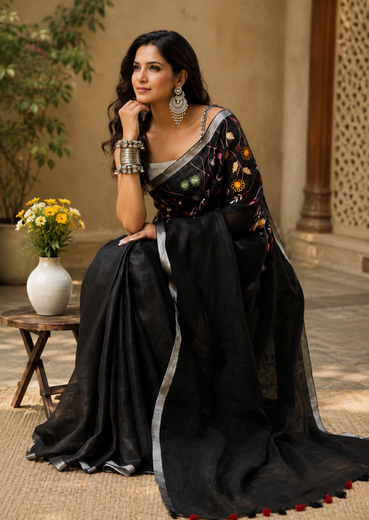 Hand Embroidery Pure Linen Saree With Tissue Border - Black