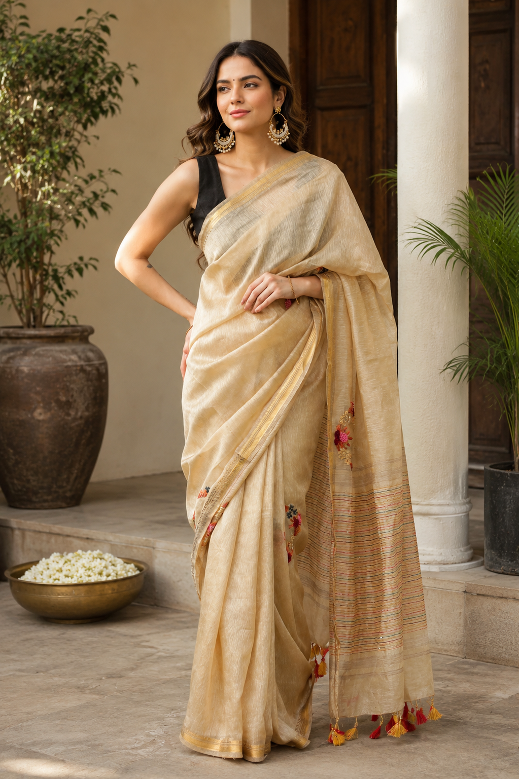 Hand Embroidery Pure Linen Silk Saree With Gold Zari Border - Beige Nude Shade