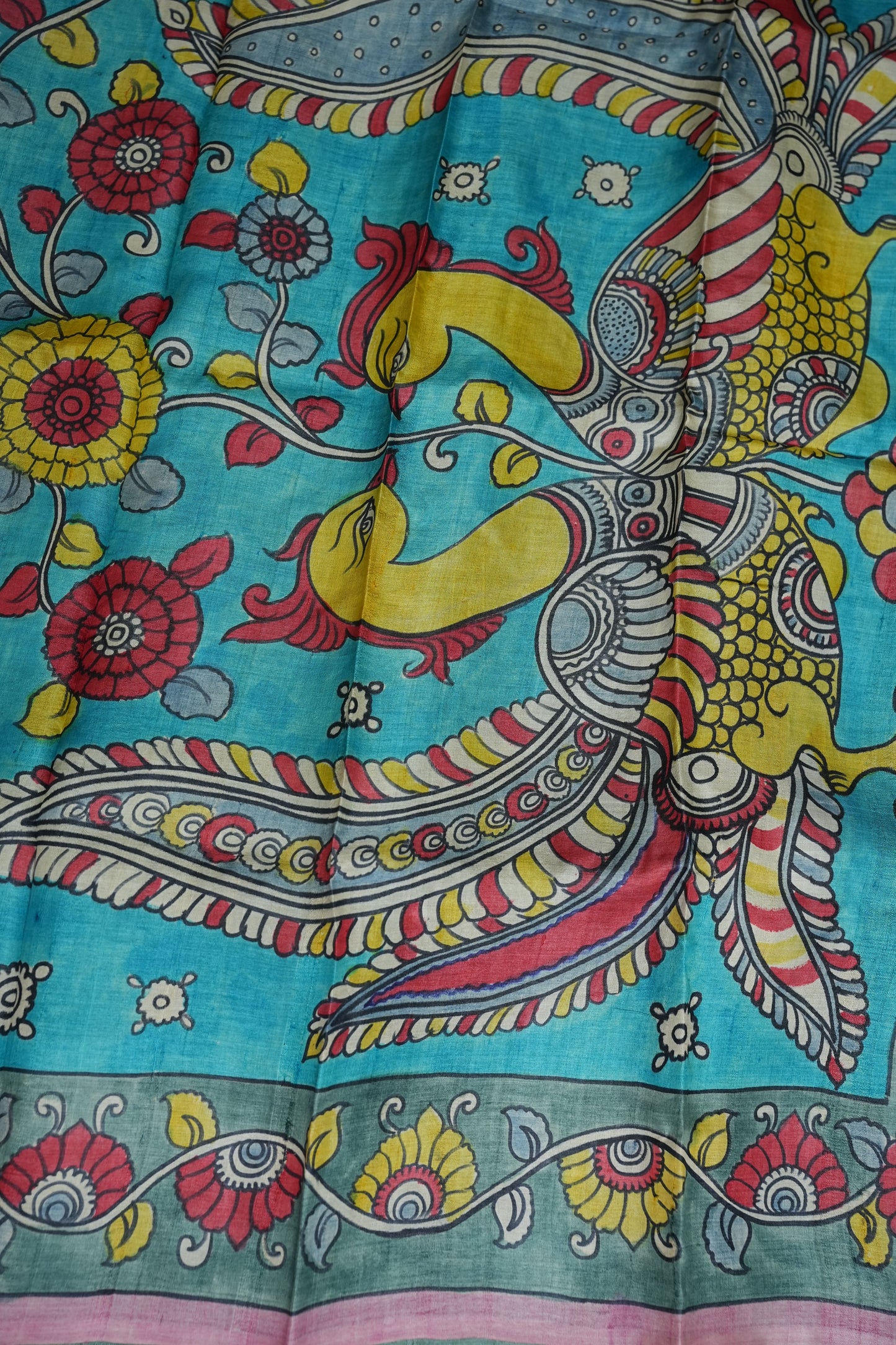 Pure Tussar Silk Saree in Pink & Aqua Blue with Hand Painted Pen Kalamkari Art | Silk Mark Certified