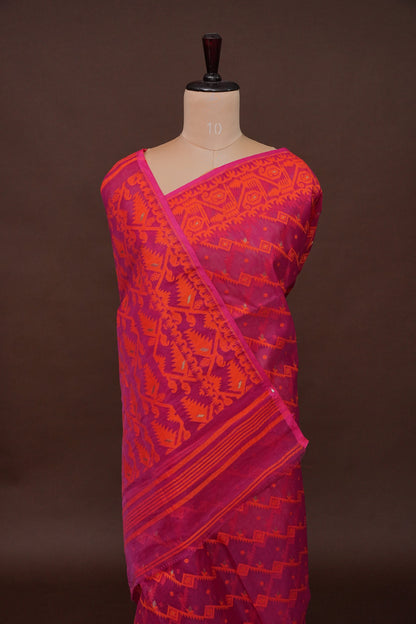 Handloom Jamdani Cotton Saree - Pink & Orange
