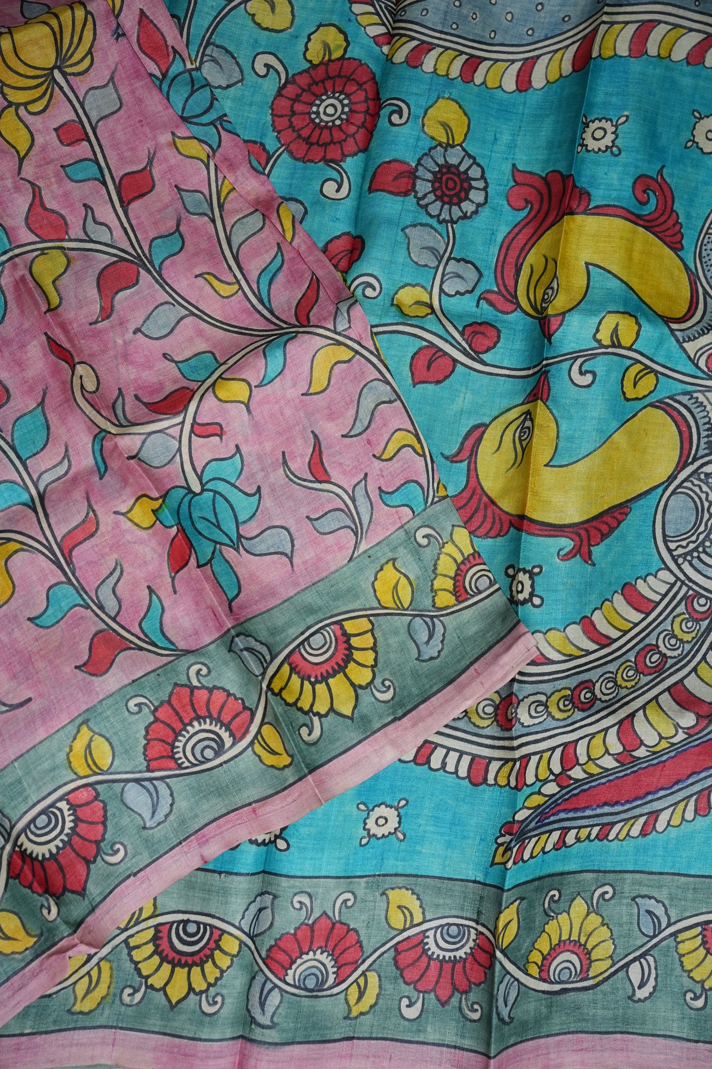 Pure Tussar Silk Saree in Pink & Aqua Blue with Hand Painted Pen Kalamkari Art | Silk Mark Certified